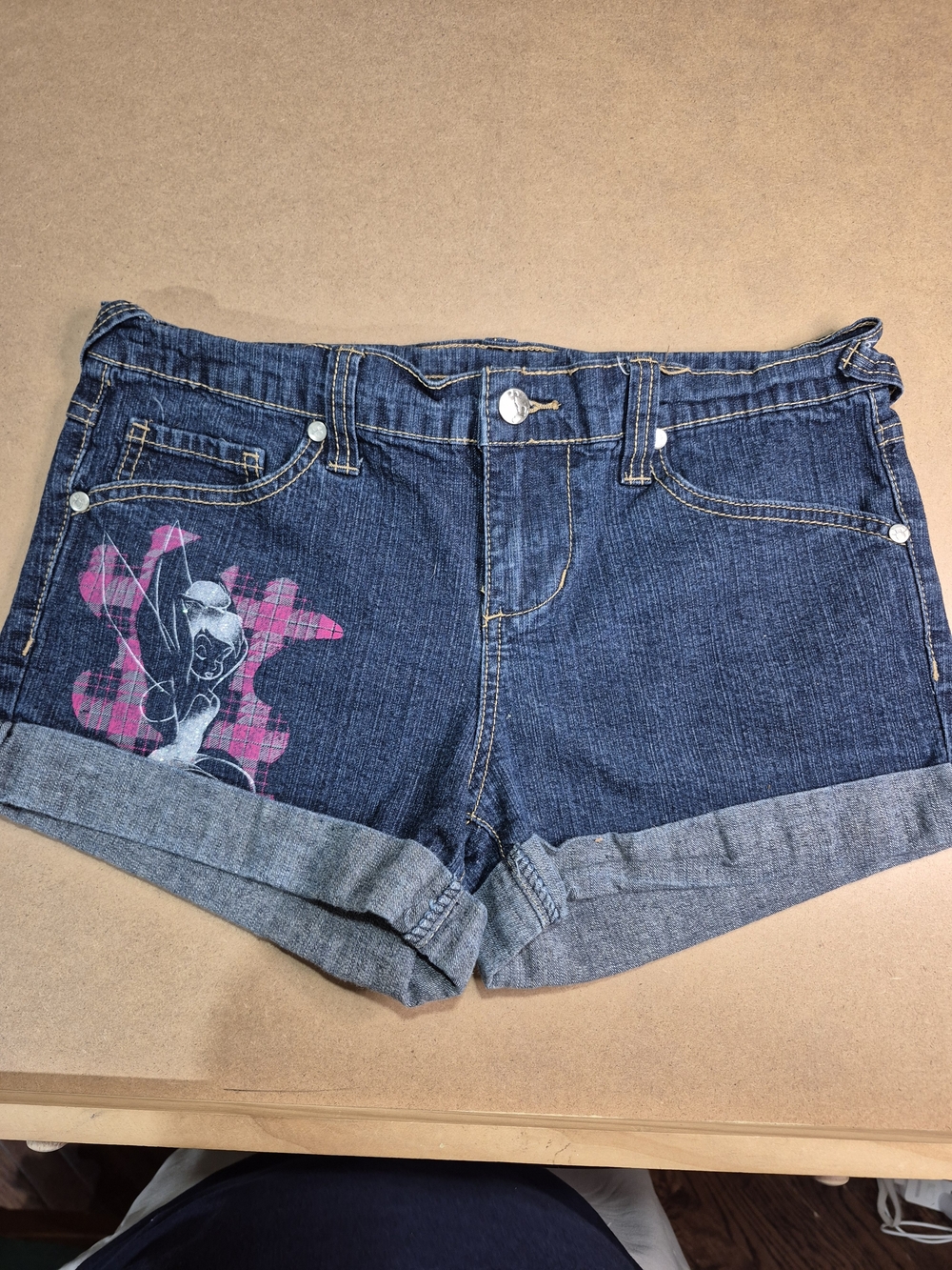 Disney Dark Blue Denim Cuffed Shorts with Tinker Bell Graphic